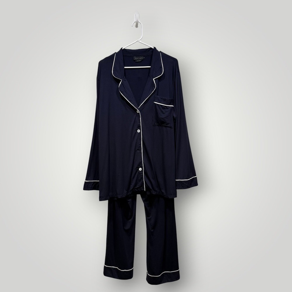 HATCH Womens Navy Blue Contrast Piping Modal Pajama Set Size L Maternity Sleep